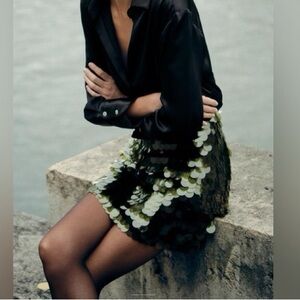 Zara Knit Mini Skirt with Sequins Paillette Green Small